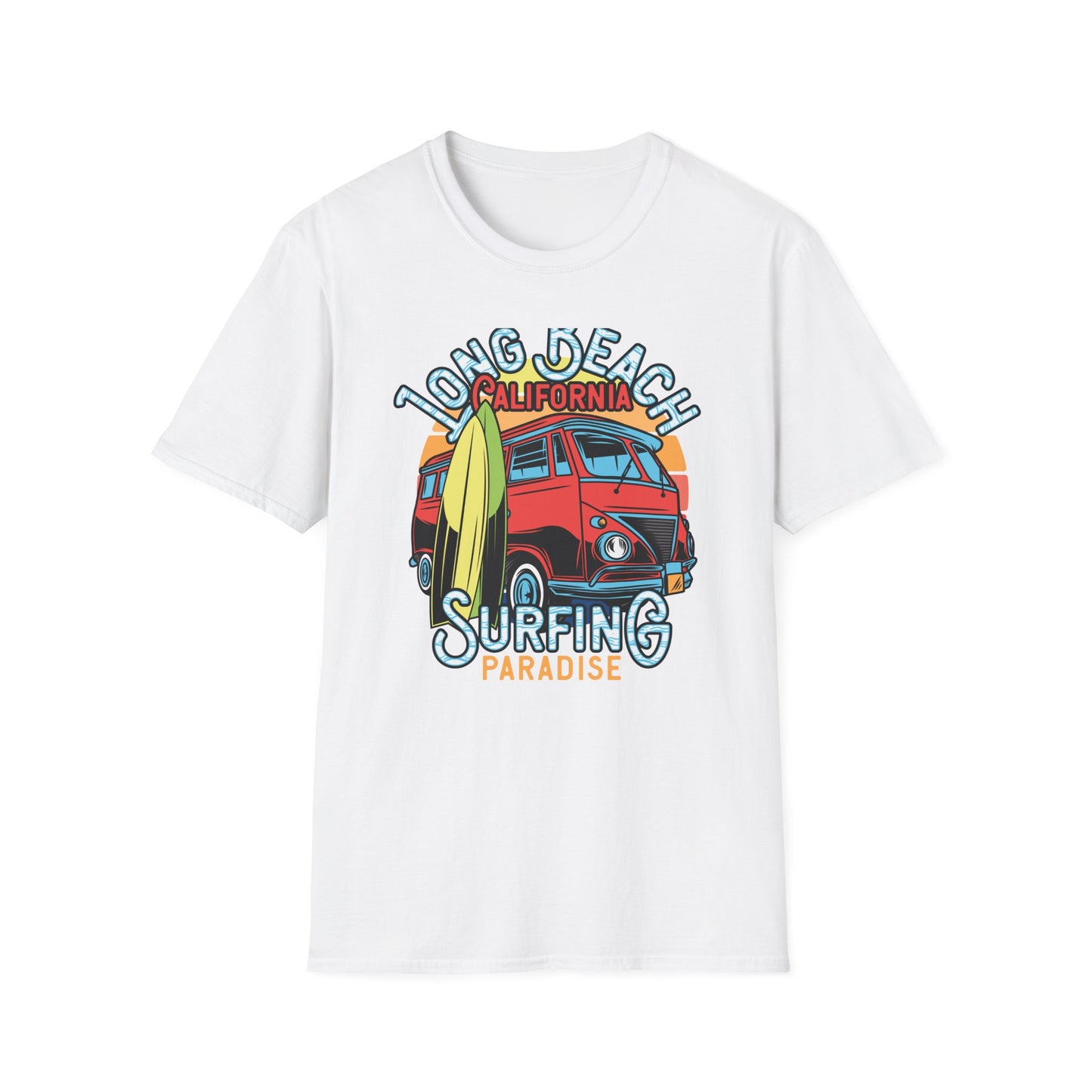 Vintage Long Beach California Surfing Paradise T-Shirt | Retro VW Bus & Surfboard Beach Lover Tee | Cool Summer Vacation Gift