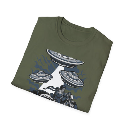 Epic Alien Invasion Biker VW Beetle T-Shirt | Unique Sci-Fi Chopper Car Lover Gift Tee