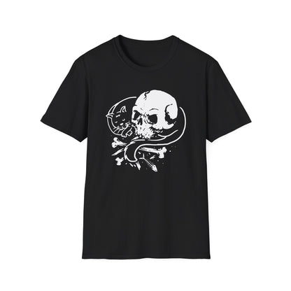 Striking Gothic Cat & Skull T-Shirt | Unique Black & White Abstract Art Tee for Edgy Souls & Dark Nature Lovers