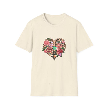 Captivating Anatomical Love Rib Cage T-Shirt - Edgy Floral Valentine's Day Conversation Hearts Tee for Unique Romance