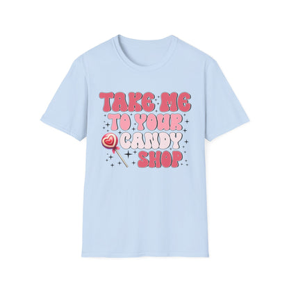Sweet Retro Candy Shop T-Shirt | Groovy 'Take Me To Your Candy Shop' Tee with Heart Lollipop | Fun & Flirty Pop Culture Vibe