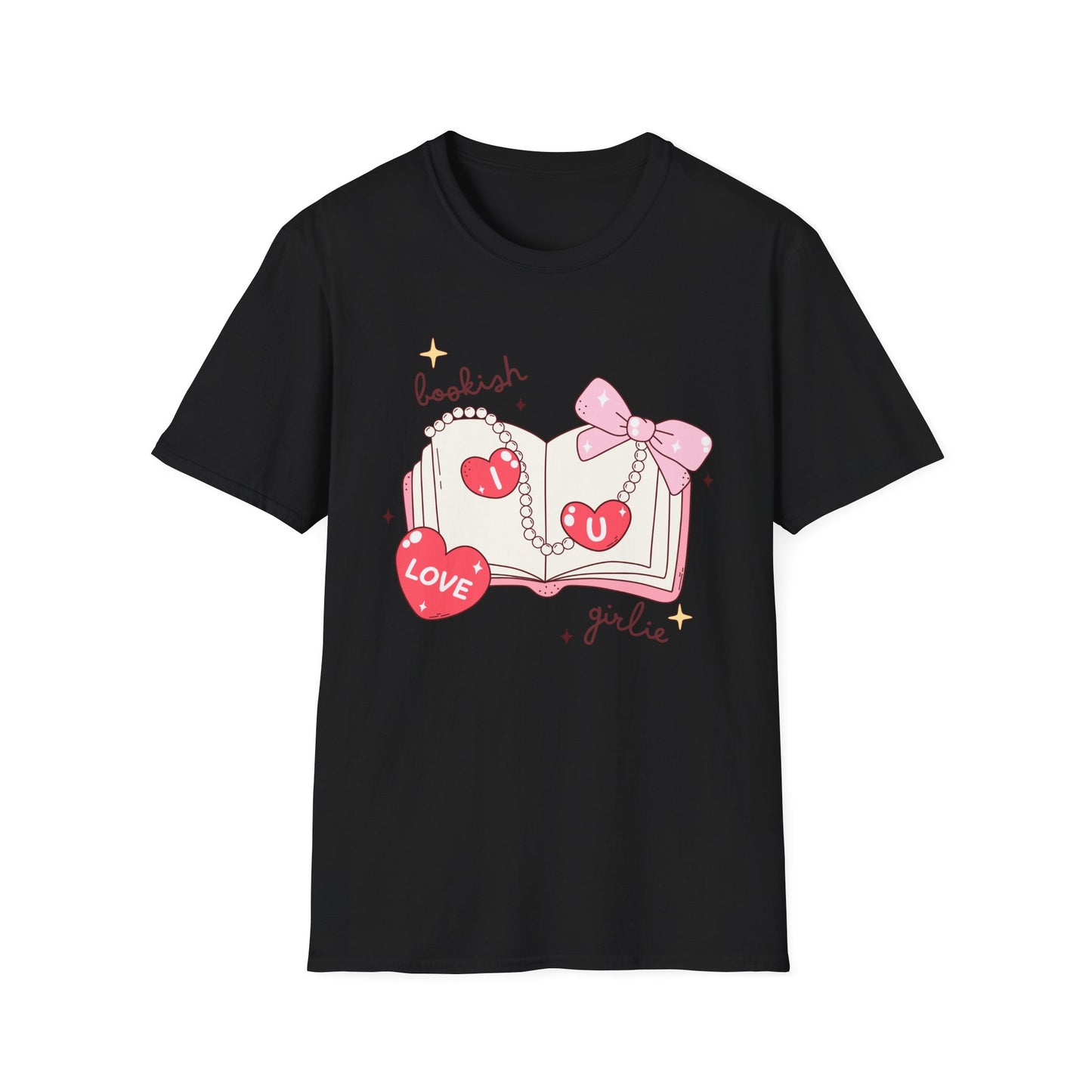 Sweet Bookish Girlie T-Shirt: 'I Love You' Hearts, Pearl Necklace & Pink Bow Design | Perfect Romantic Gift for Book Lovers