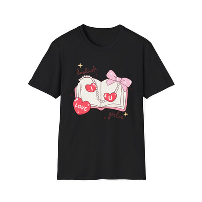 Sweet Bookish Girlie T-Shirt: 'I Love You' Hearts, Pearl Necklace & Pink Bow Design | Perfect Romantic Gift for Book Lovers