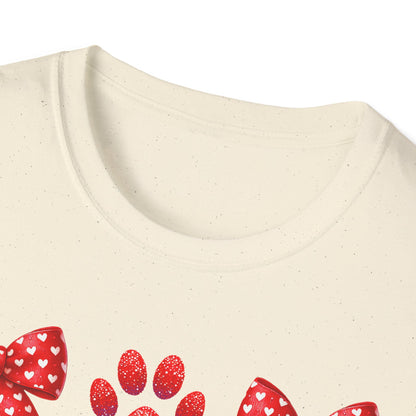 Charming Pet Love T-Shirt: Red Heart Bows & Glitter Paw Prints | Valentine's Day Animal Lover Tee