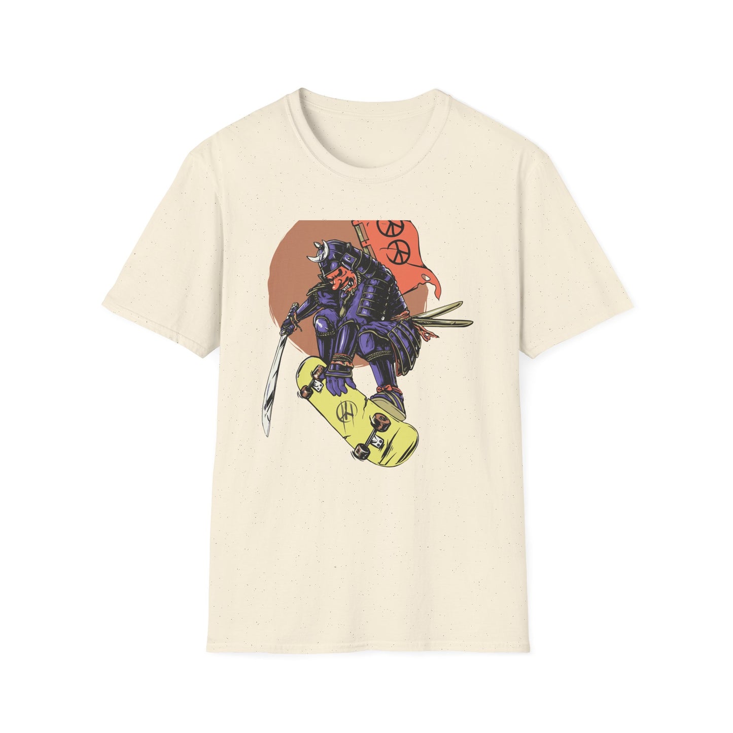 Bold Samurai Skater T-Shirt | Epic Japanese Warrior on Skateboard with Peace Sign Graphic Tee