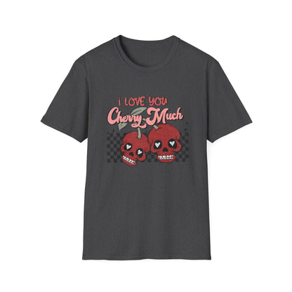 I Love You Cherry Much T-Shirt | Sweet Skull Cherries & Retro Checkerboard Tee | Unique Valentine's Love Pun Top for Couples