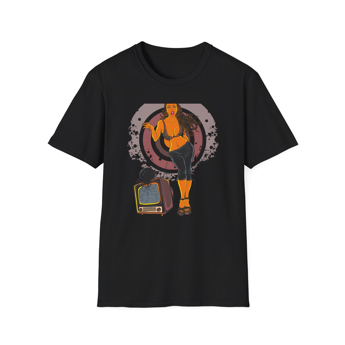 Edgy Retro Pin-Up Girl & Cracked TV Bowling T-Shirt | Bold Pop Art Vibe Women's Tee | Unique Vintage Statement Gift
