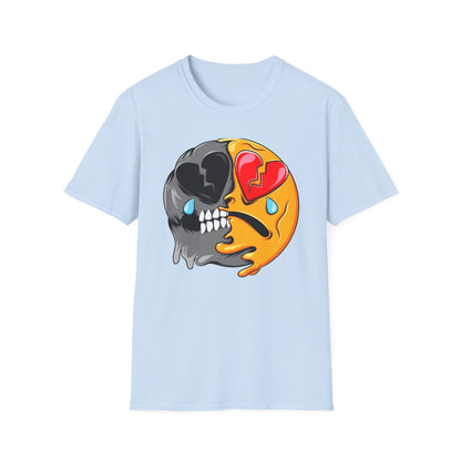 Unique Broken Heart Skull Emoji T-Shirt | Edgy Melted Sad Face Graphic Tee | Expressive Streetwear Statement