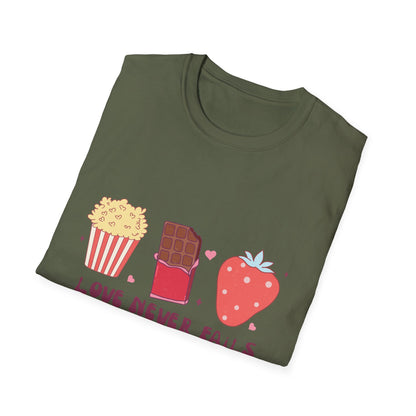 Delicious Retro Love Never Fails T-Shirt - Popcorn, Chocolate, Strawberry Snack Tee for Foodies & Romantics