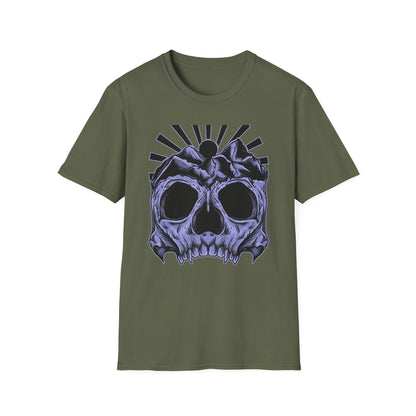 Mystical Mountain Skull T-Shirt | Striking Dark Art Tee with Cosmic Rays - Unique Gothic Nature Graphic for Adventurers & Aesthetic Lovers