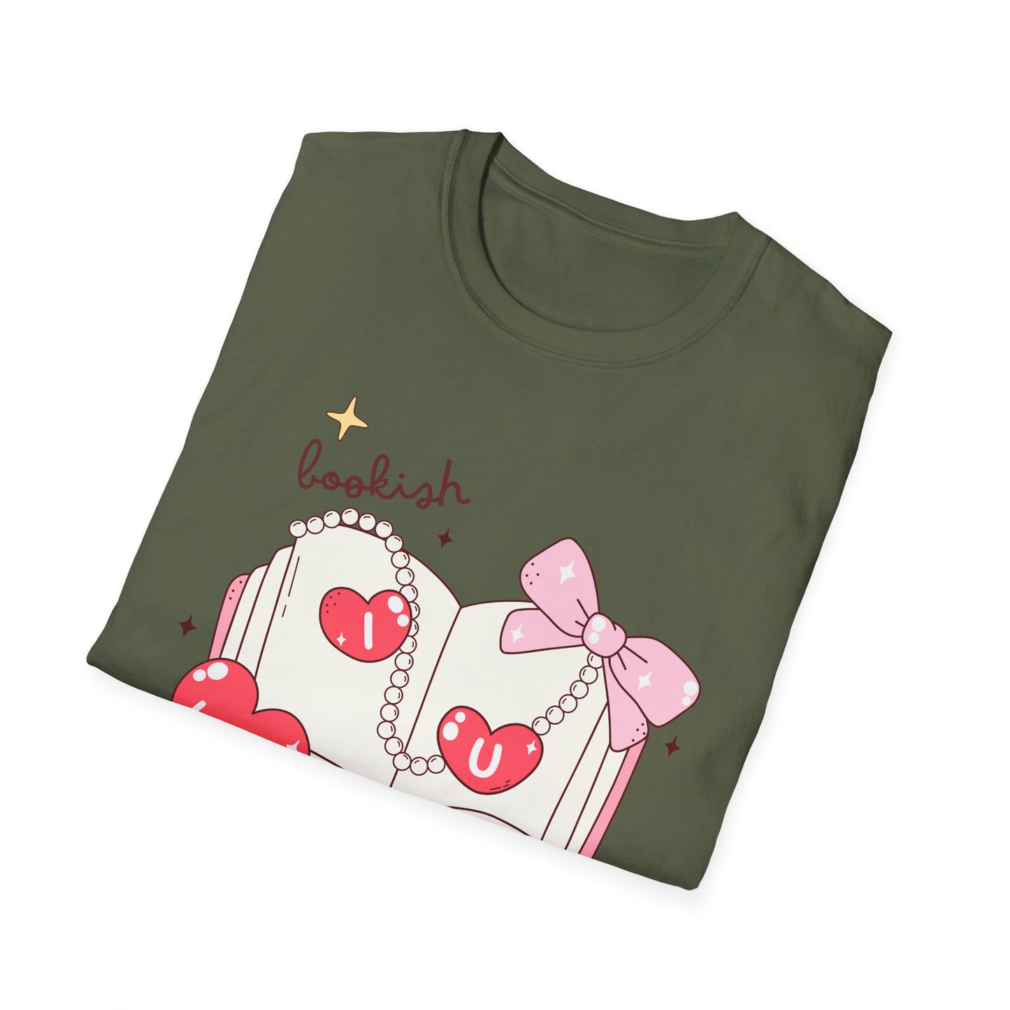 Sweet Bookish Girlie T-Shirt: 'I Love You' Hearts, Pearl Necklace & Pink Bow Design | Perfect Romantic Gift for Book Lovers