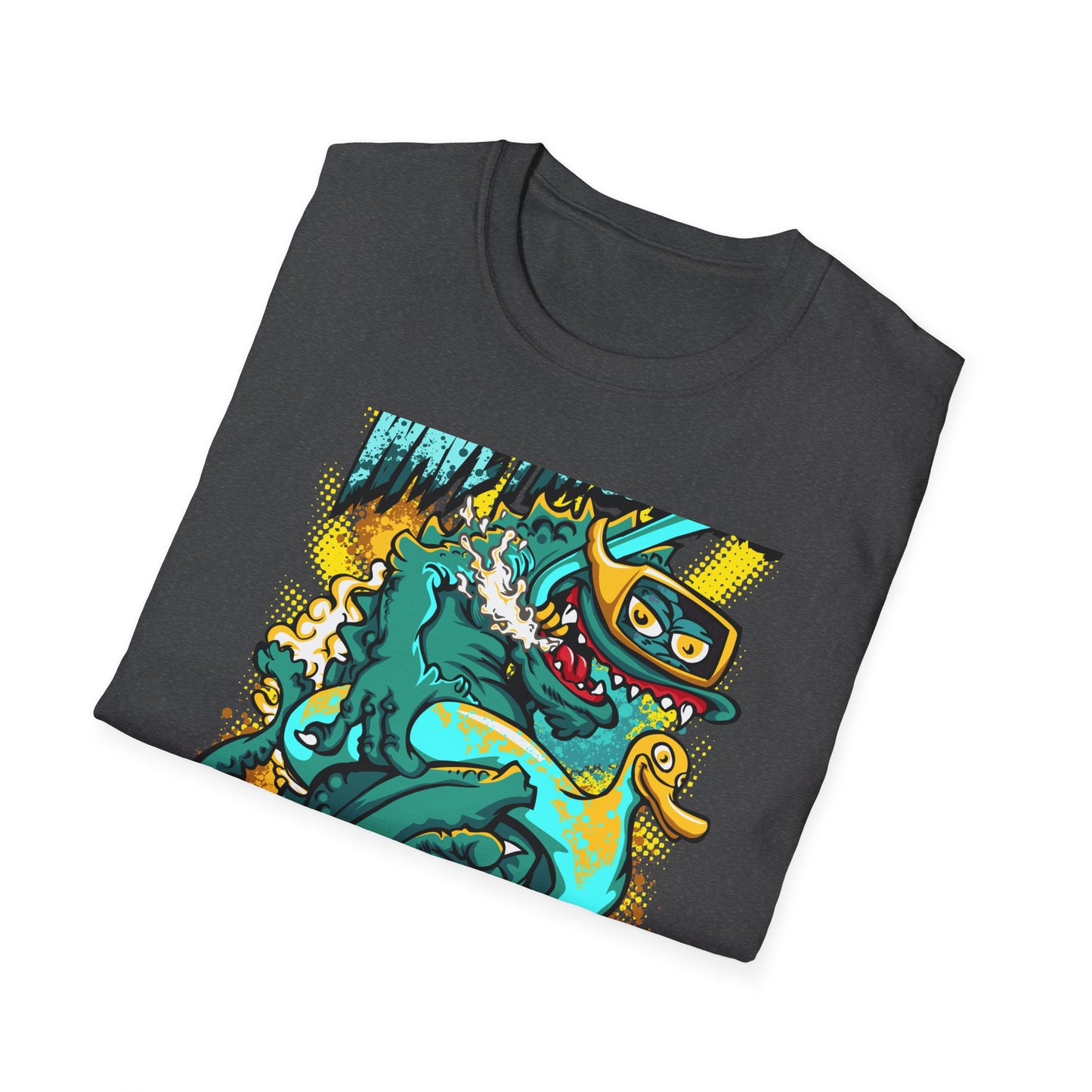 Epic 'WAVE I'M COMING' Monster T-Shirt - Hilarious Swimming Dragon & Duck Float Graphic Tee for Summer Fun & Beach Adventures