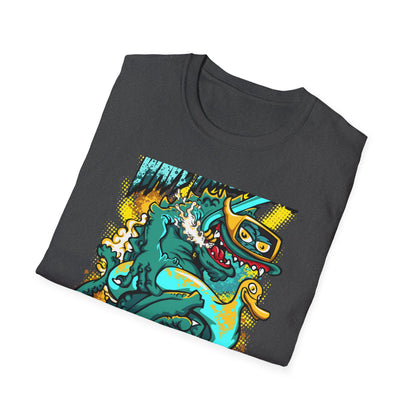 Epic 'WAVE I'M COMING' Monster T-Shirt - Hilarious Swimming Dragon & Duck Float Graphic Tee for Summer Fun & Beach Adventures