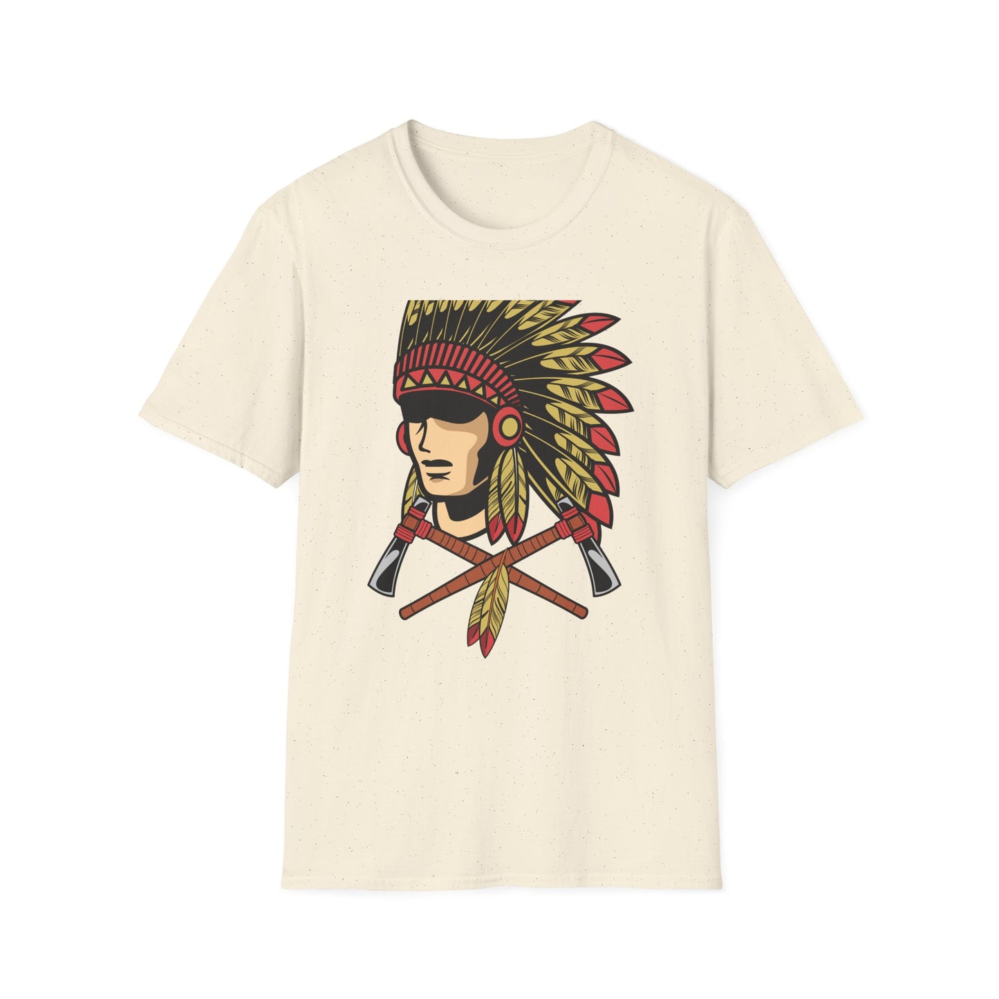 Bold Indigenous Warrior Chief T-Shirt | Majestic Feather Headdress & Tomahawks Tee | Powerful Cultural Design Gift