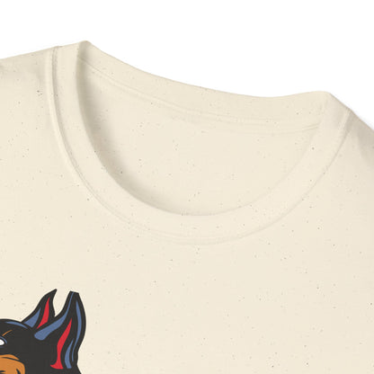 Fierce Doberman Hannya Mask T-Shirt: Epic Japanese Demon Dog Design. Bold Statement Tee for Edgy Dog Lovers & Culture Fans.