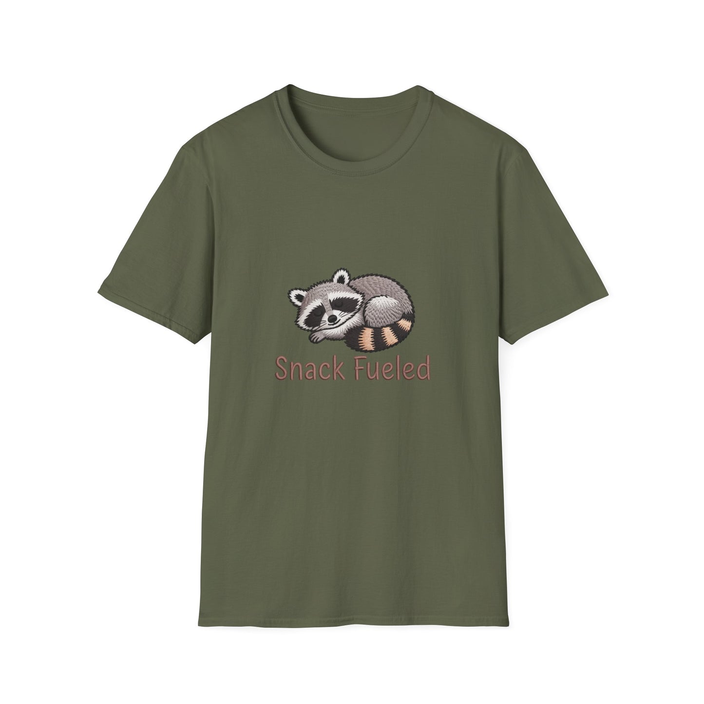 Adorable "Snack Fueled" Sleeping Raccoon T-Shirt | Cozy Animal Lover Tee | Hilarious Foodie Gift for Snack Enthusiasts