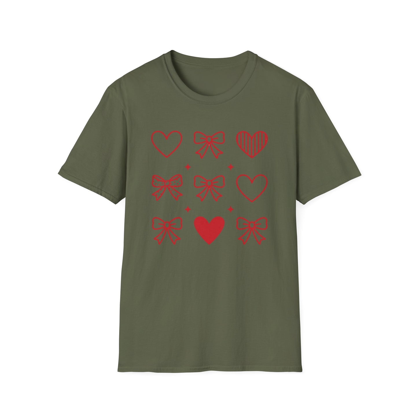 Charming Red Hearts & Bows Pattern T-Shirt | Adorable Love Core Graphic Tee for Women & Teens | Sweet Valentine's Day Gift Idea