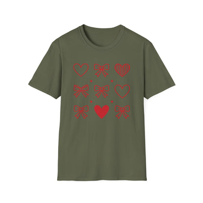 Adorable Red Hearts & Bows Pattern T-Shirt | Sweet Valentine's Day Love Graphic Tee for Women & Girls | Charming Romantic Gift