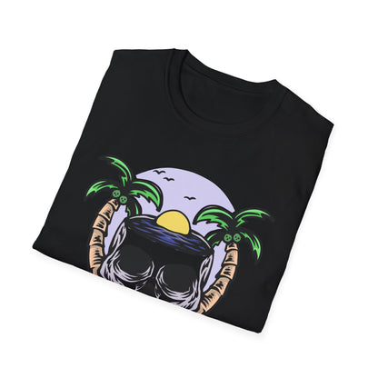 Vibrant Tropical Skull T-Shirt | Beach Sunset & Palm Tree Design | Unique Summer Vacation Tee | Cool Edgy Casual Wear