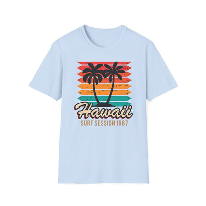 Awesome Vintage Hawaii Surf Session 1987 T-Shirt | Retro Palm Tree Beach Sunset Tee for 80s Style