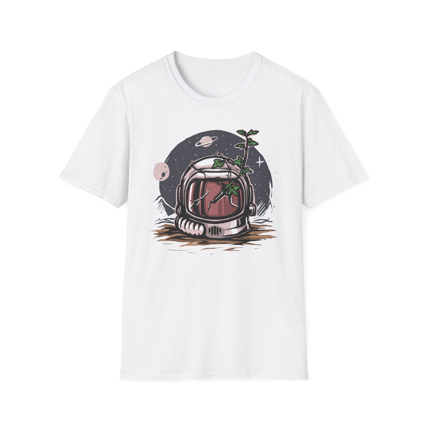 Stunning Cosmic Bloom Astronaut Helmet T-Shirt | Unique Space Plant Growth & Nature Inspired Sci-Fi Art Tee