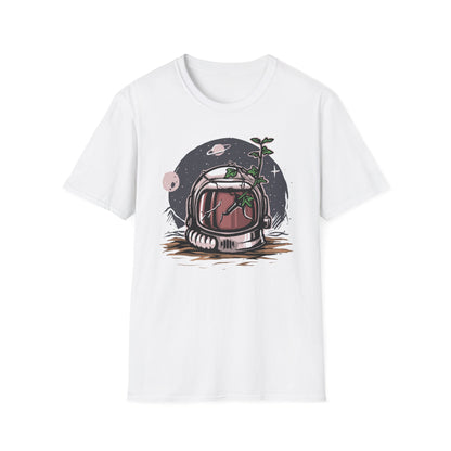 Stunning Cosmic Bloom Astronaut Helmet T-Shirt | Unique Space Plant Growth & Nature Inspired Sci-Fi Art Tee