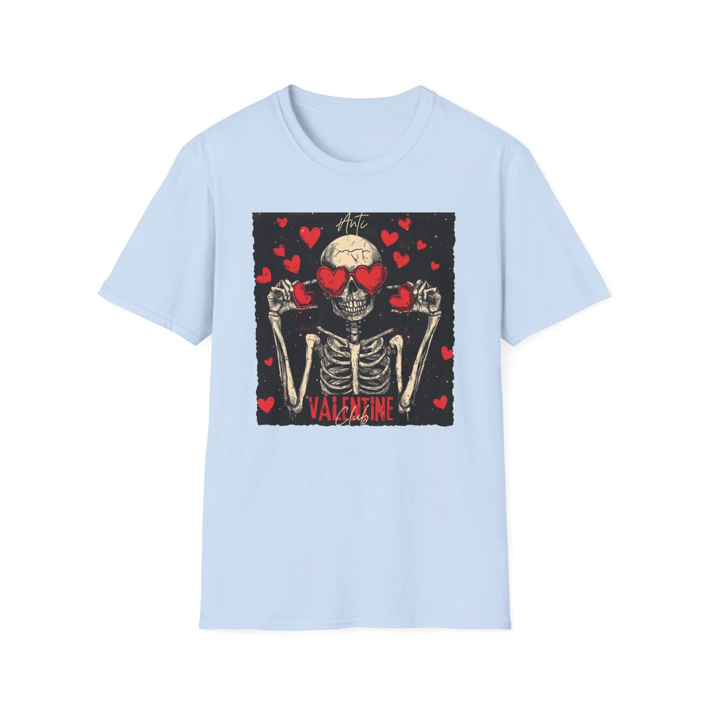 Anti Valentine Club Skeleton T-Shirt - Edgy Skull with Heart Sunglasses & Dripping Hearts | Grunge Anti-Love Tee