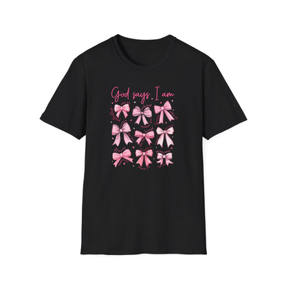 Powerful "God Says I Am" Christian T-Shirt for Women | Inspiring Bible Verse & Pink Bows Tee | Empowering Faith Gift