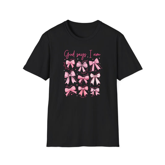 Powerful "God Says I Am" Christian T-Shirt for Women | Inspiring Bible Verse & Pink Bows Tee | Empowering Faith Gift