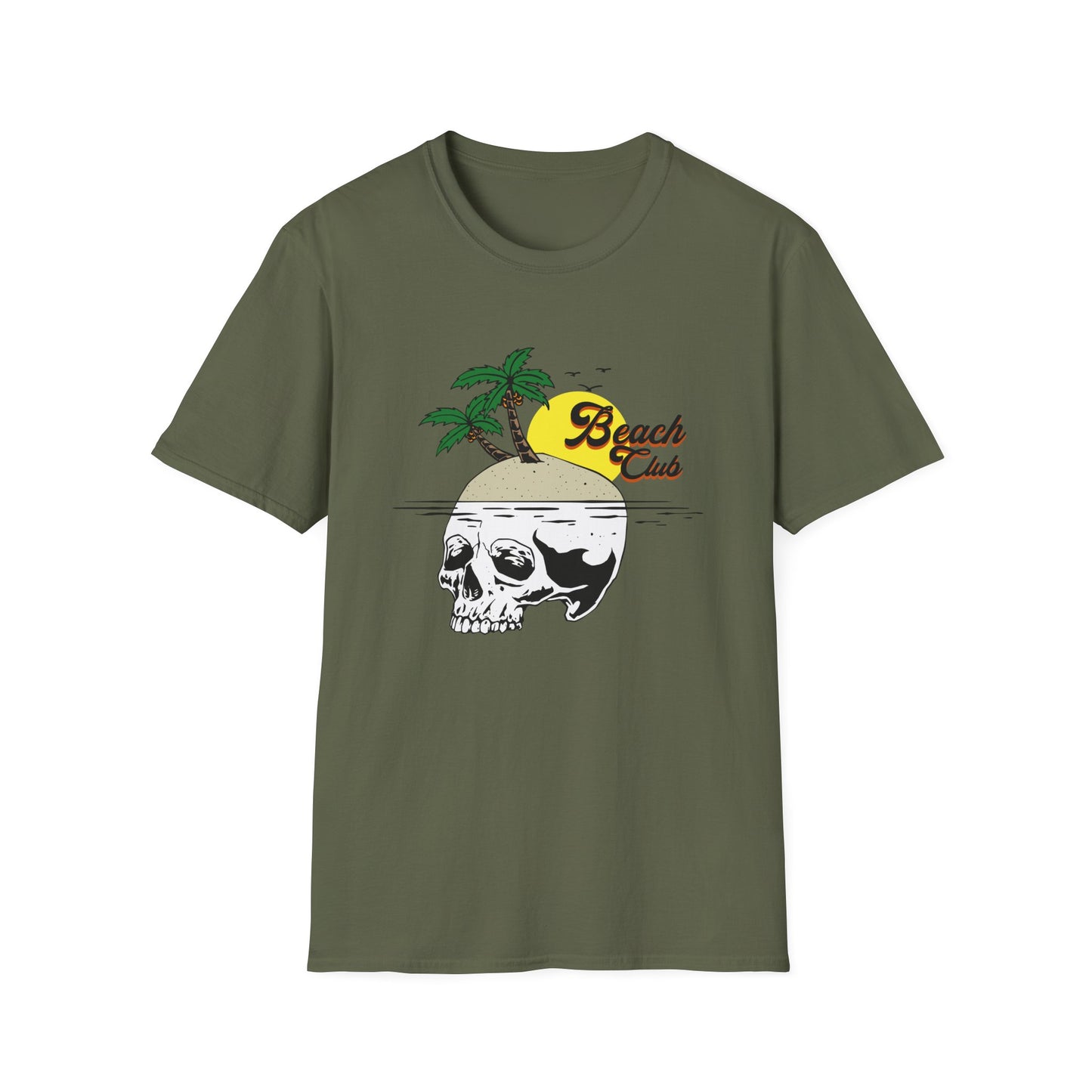 Skull Island Beach Club T-Shirt | Unique Tropical Retro Summer Vacation Tee | Edgy Palm Tree Sunset Graphic