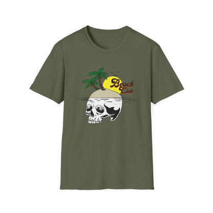 Skull Island Beach Club T-Shirt | Unique Tropical Retro Summer Vacation Tee | Edgy Palm Tree Sunset Graphic