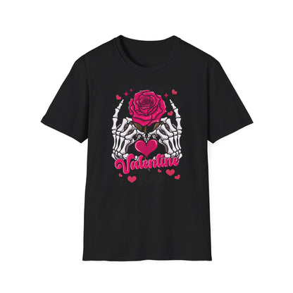 Spooky Sweet Valentine's T-Shirt: Skeleton Hands Holding Pink Rose & Heart - Unique Gothic Love Tee Gift