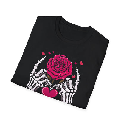 Spooky Sweet Skeleton Hands Rose Valentine T-Shirt | Unique Gothic Romantic Love Tee Gift for Him Her | Trendy Heart Apparel
