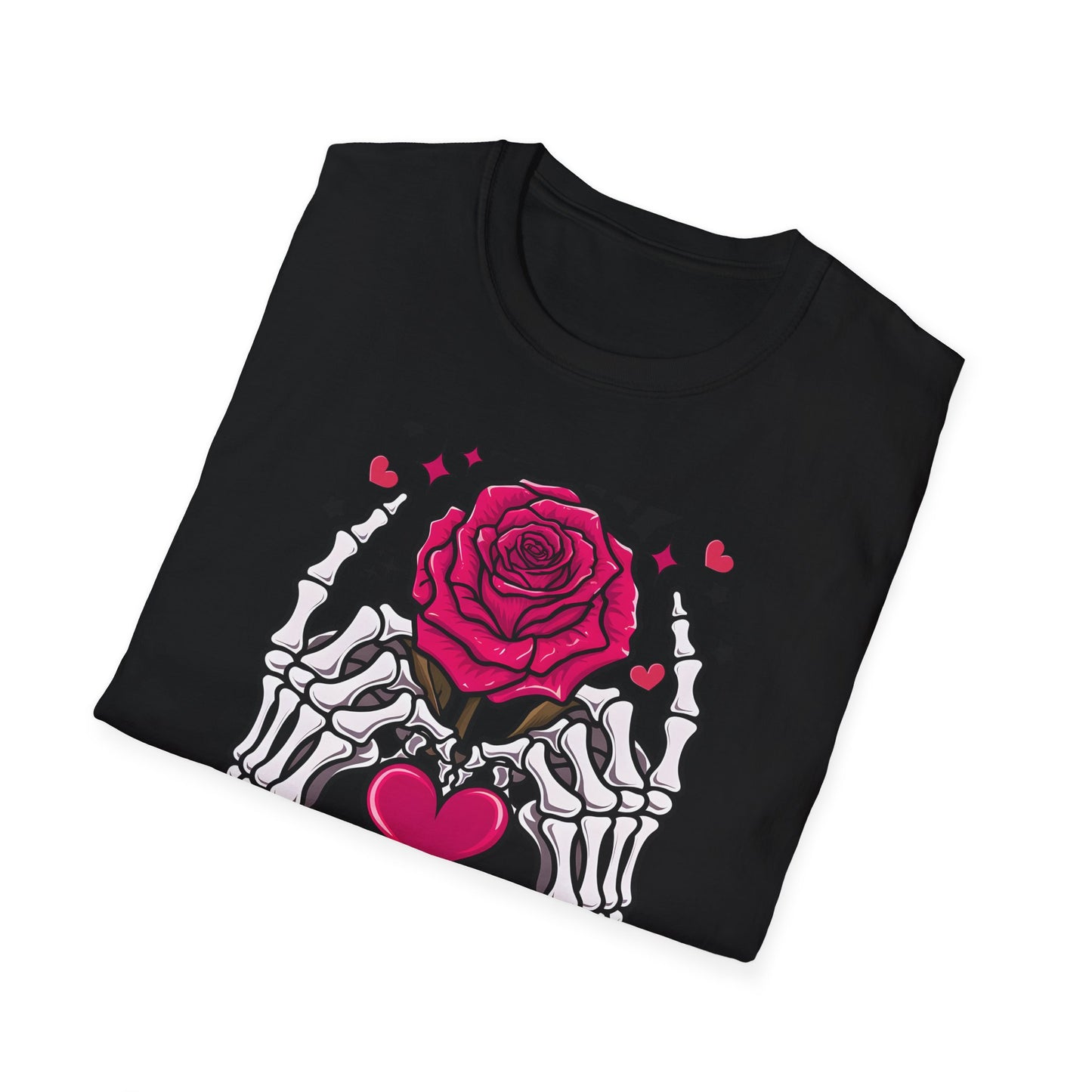 Spooky Sweet Valentine's T-Shirt: Skeleton Hands Holding Pink Rose & Heart - Unique Gothic Love Tee Gift