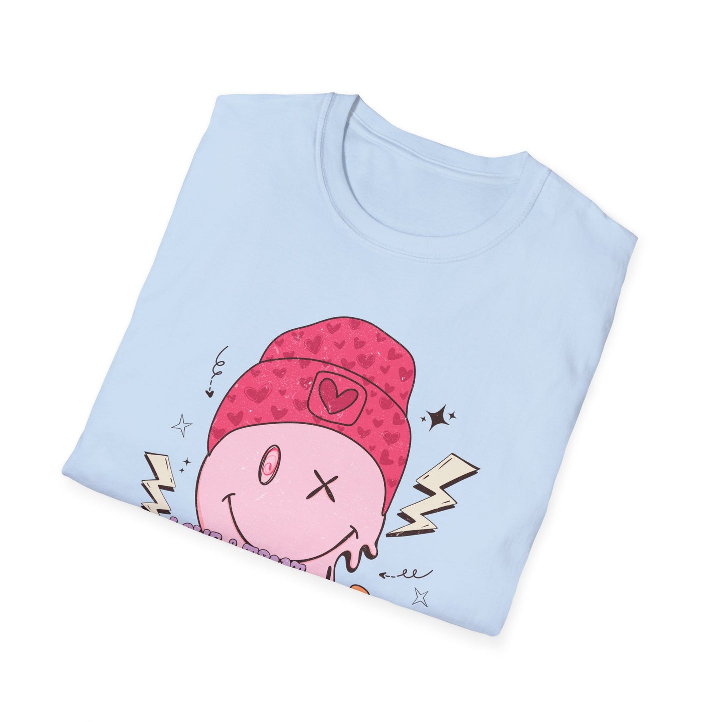 Trendy Groovy Melting Smiley T-Shirt - Empowering 'Love & Treat Yourself' Retro Self-Care Tee for Women