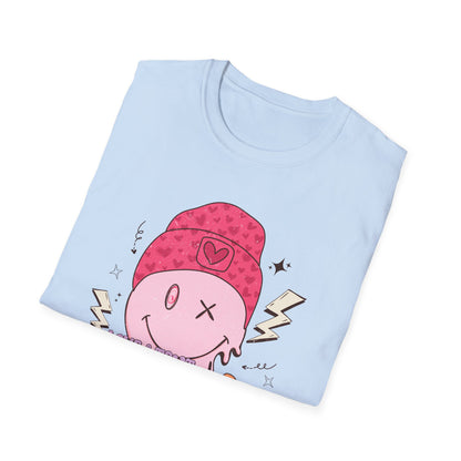 Trendy Groovy Melting Smiley T-Shirt - Empowering 'Love & Treat Yourself' Retro Self-Care Tee for Women