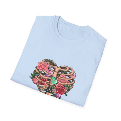 Captivating Anatomical Love Rib Cage T-Shirt - Edgy Floral Valentine's Day Conversation Hearts Tee for Unique Romance