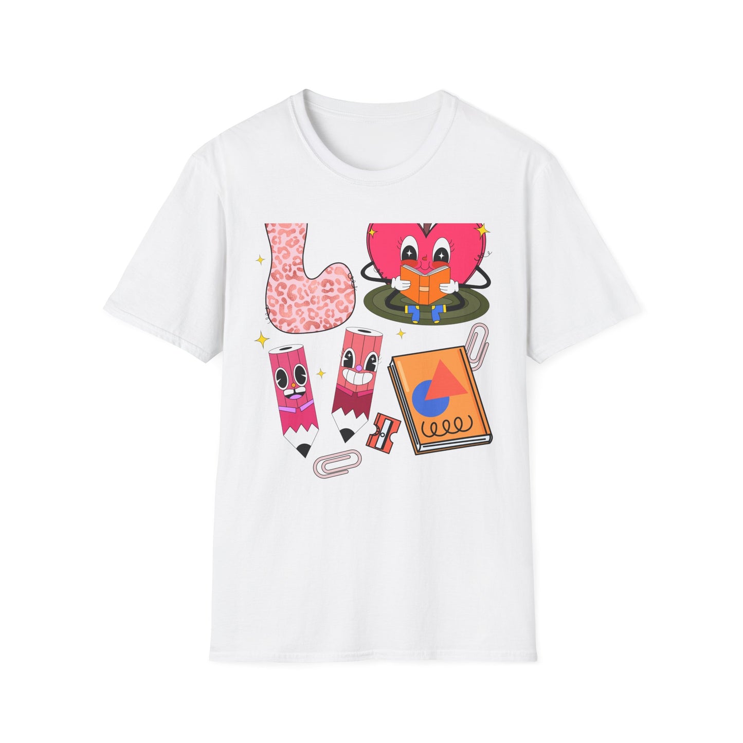 Groovy Leopard 'L' Back to School T-Shirt | Whimsical Reading Apple & Pencil Pals Tee | Fun Teacher Student Gift Idea