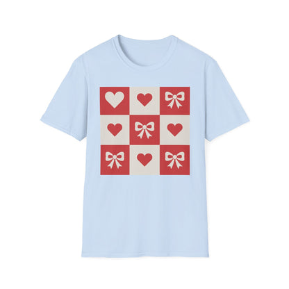 Charming Hearts & Bows Checkerboard T-Shirt | Sweet Love Pattern Tee | Perfect Valentine's Day Gift for Her