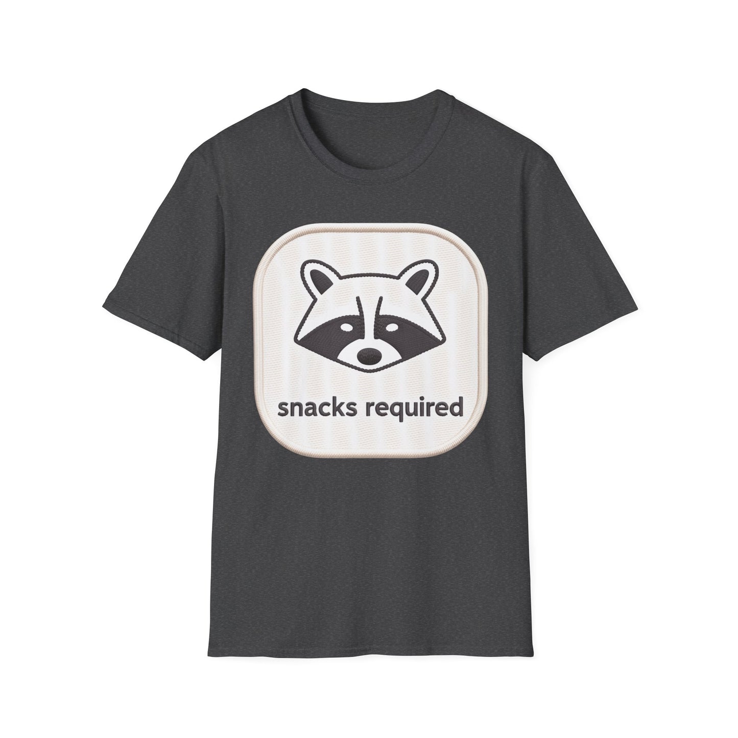 Hilarious "Snacks Required" Raccoon T-Shirt | Cute Embroidered Look Animal Lover Tee for Foodies & Casual Wear