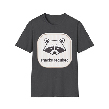 Hilarious "Snacks Required" Raccoon T-Shirt | Cute Embroidered Look Animal Lover Tee for Foodies & Casual Wear