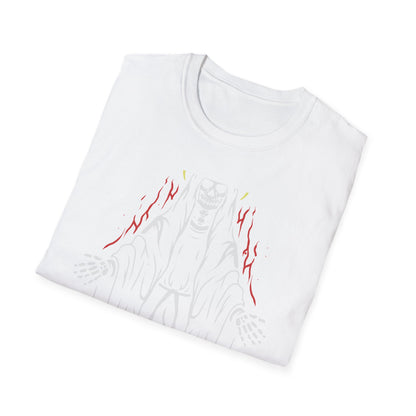 Mystic Skeleton Saint T-Shirt | Haunting Grim Reaper with Halo & Red Accents | Gothic & Alternative Apparel