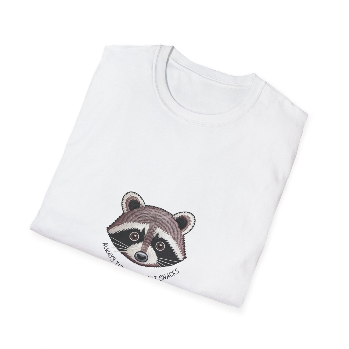 Hilarious Raccoon "Always Thinking About Snacks" Embroidered T-Shirt | Adorable Animal Lover Gift Tee
