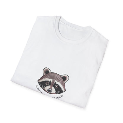 Hilarious Raccoon "Always Thinking About Snacks" Embroidered T-Shirt | Adorable Animal Lover Gift Tee