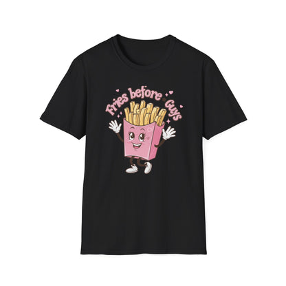 Cute 'Fries Before Guys' T-Shirt | Adorable Pink French Fry Lover Tee | Funny Foodie Graphic Top for Women & Teens