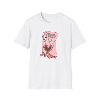 Unique Self Love T-Shirt | Pink Retro Cigarette Pack & Flaming Heart Design | Empowering Aesthetic Tee