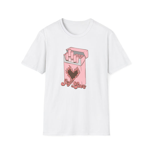 Unique Self Love T-Shirt | Pink Retro Cigarette Pack & Flaming Heart Design | Empowering Aesthetic Tee