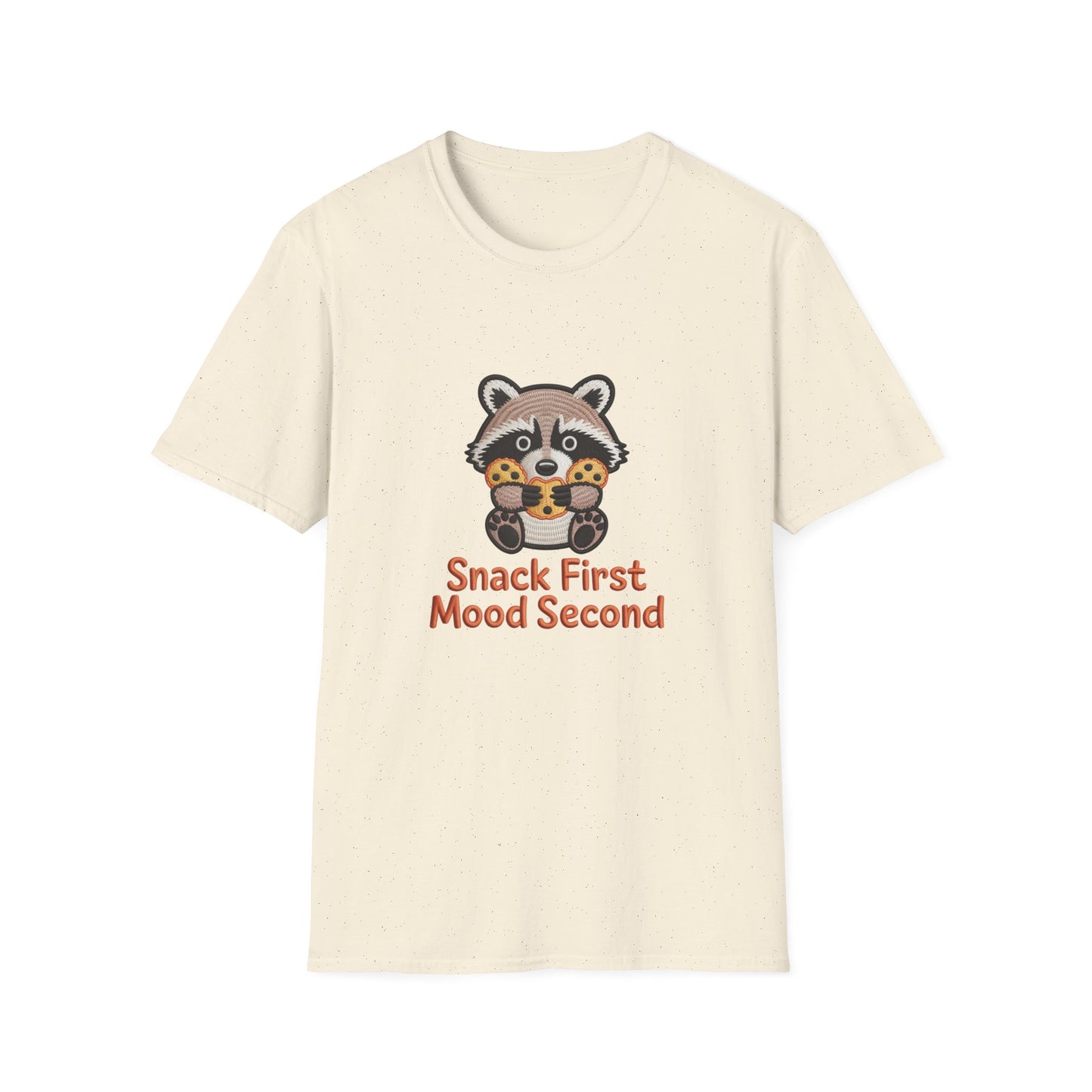 Irresistible "Snack First Mood Second" Raccoon T-Shirt | Cute Foodie Comfort Tee & Funny Gift