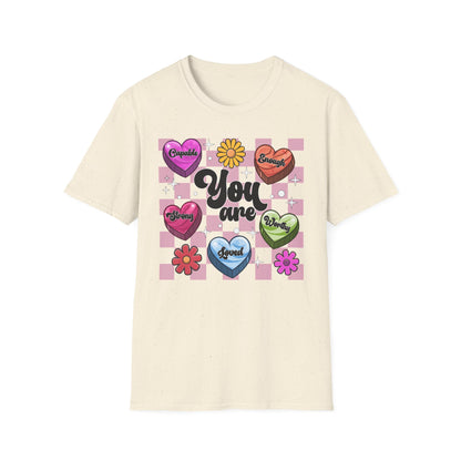 Empowering "You Are" Groovy Affirmation T-Shirt for Women - Self-Love Retro Candy Heart Tee - Inspiring Chic Gift