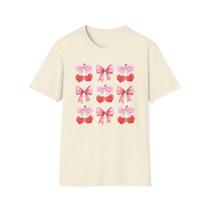 Delightful Pink Bow & Heart Cherry T-Shirt - Adorable Lovecore Aesthetic Tee for Her | Sweet Valentine's Gift